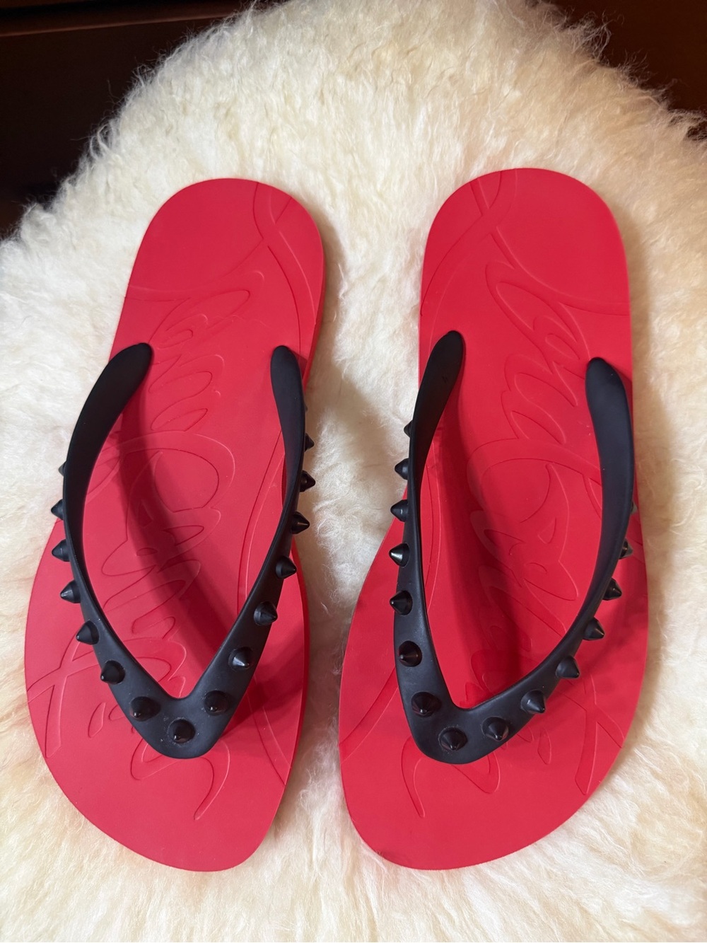 Christian Louboutin Red Rubber Flip Flops with Black Studded Straps